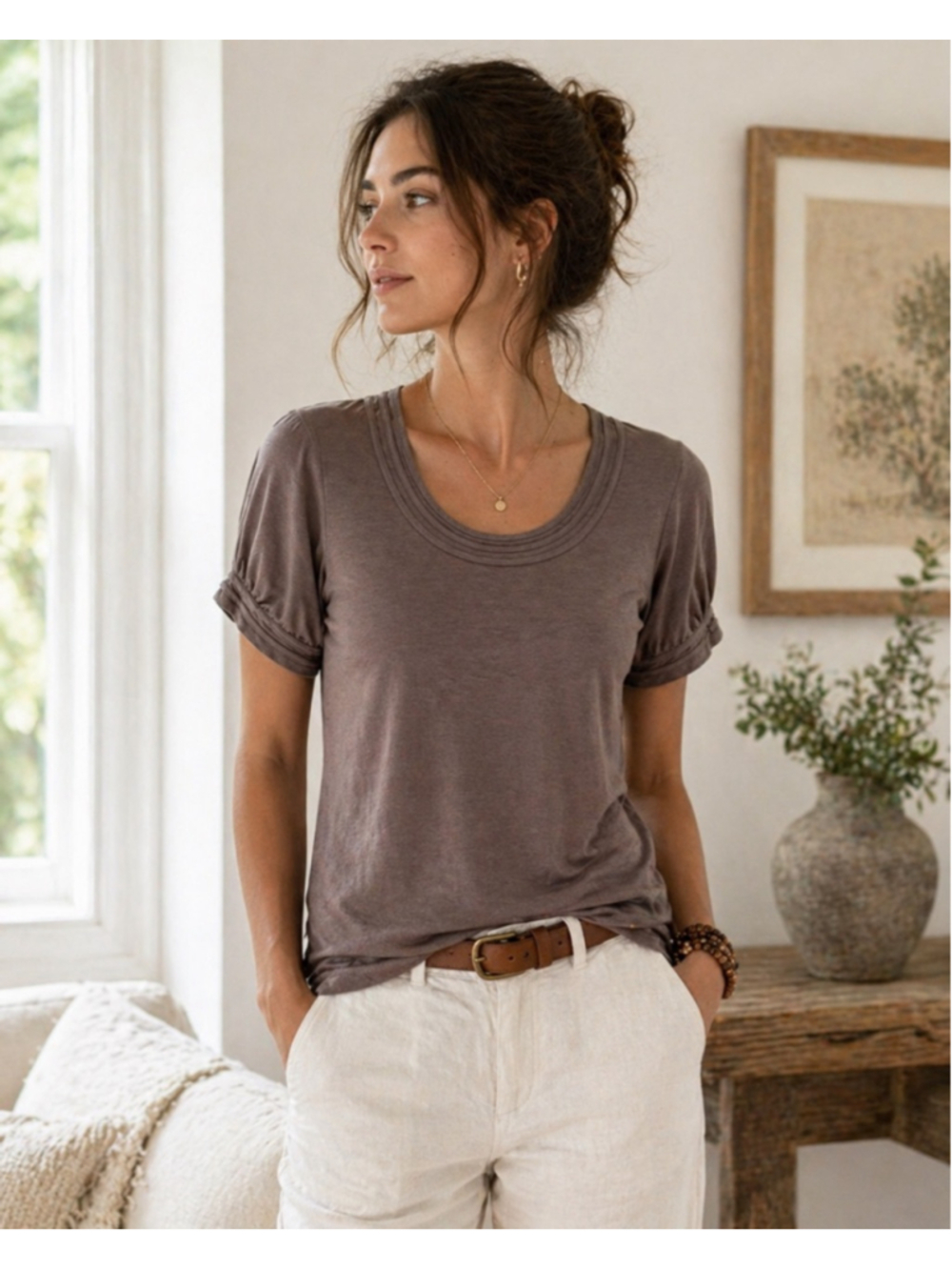 Peruvian Connection Taupe Ruched Sleeve Tee | Soft Stretch Knit Boho Minimalis